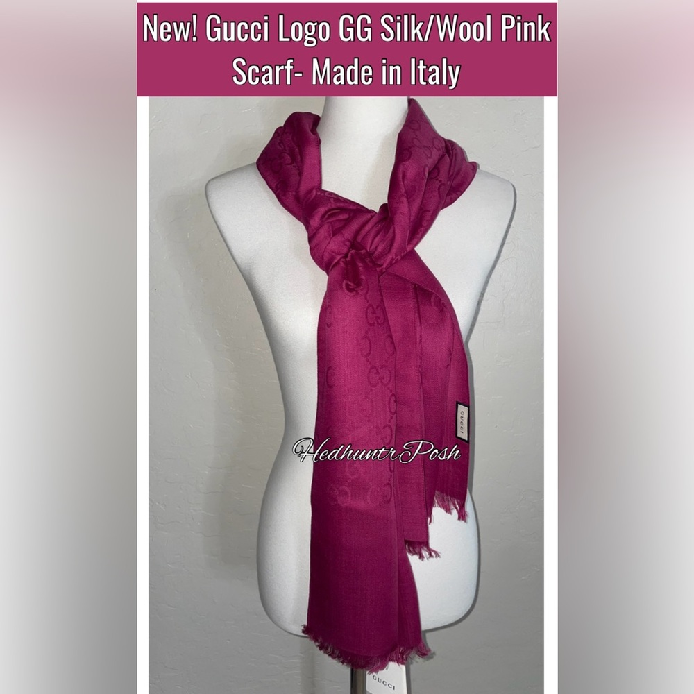 🎉HP🎉New! Gucci Logo Double GG Silk/Wool Pink Scarf 71”x18”-Made in Italy🇮🇹 - Picture 14 of 14